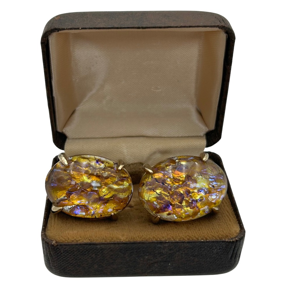 Vintage Swank Gold Tone Oval Gold Foil Iridescent Dragon Breath Cufflinks